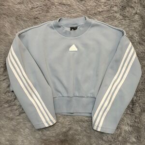 Adidas Cropped Sweatshirt Light Pale Blue White Stripe Drifit Women's XS